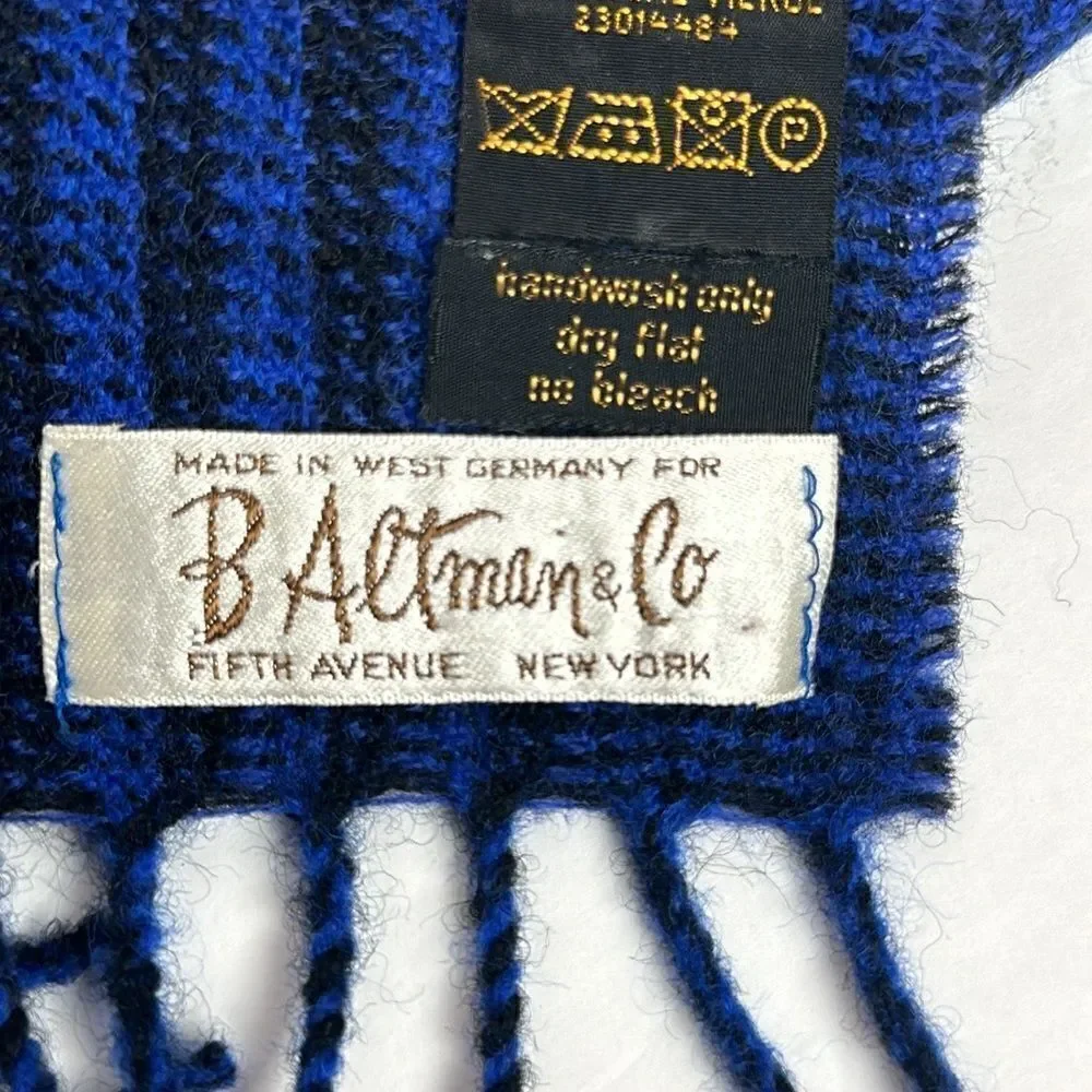 B. Altman & Co Vintage Men's Wool Scarf Blue Black Glen Check West Germany made